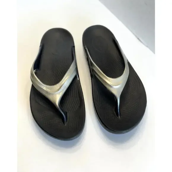 OOFOS OoLaLa LUX Women’s Black Metallic Thong Recovery Flip Flop Sandals US 10 - Picture 5 of 9